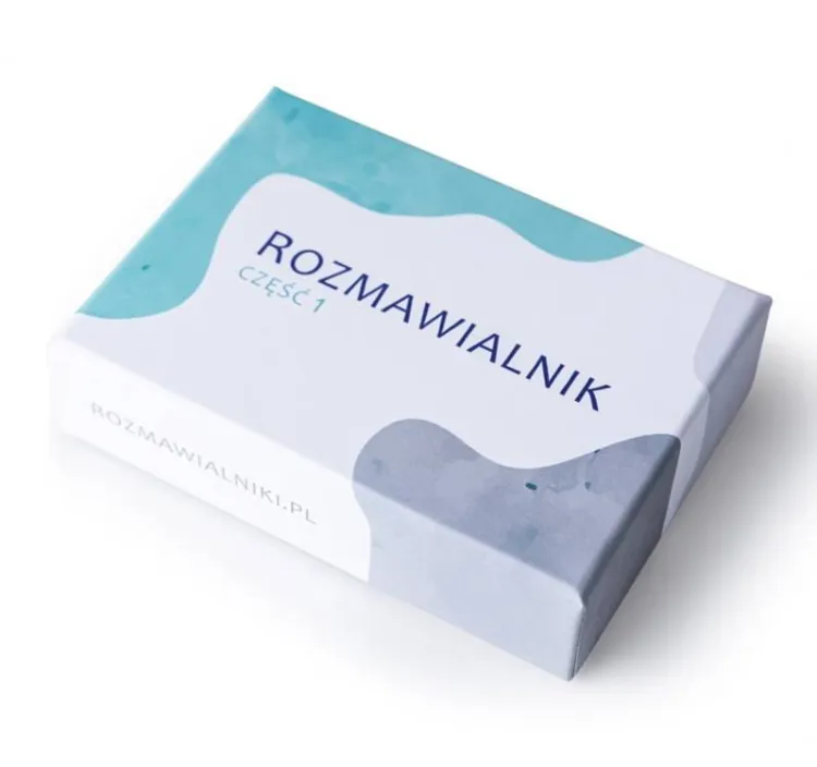 Rozmawialnik - zestaw 40 kart z pytaniami w eleganckim turkusowo-szarym pudełku, narzędzie do budowania głębszych relacji międzyludzkich