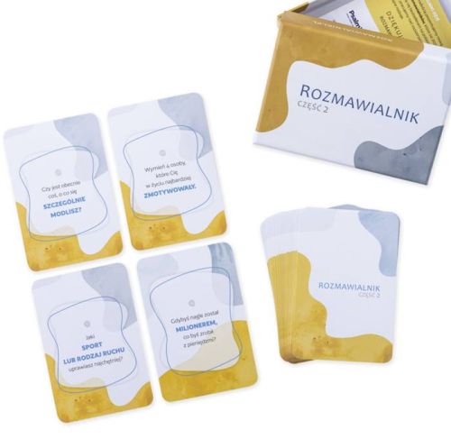 Rozmawialnik część 2 - eleganckie pudełko w złoto-szarej kolorystyce zawierające 40 inspirujących kart do rozmów, idealne narzędzie do budowania głębszych relacji | Psalm18.pl