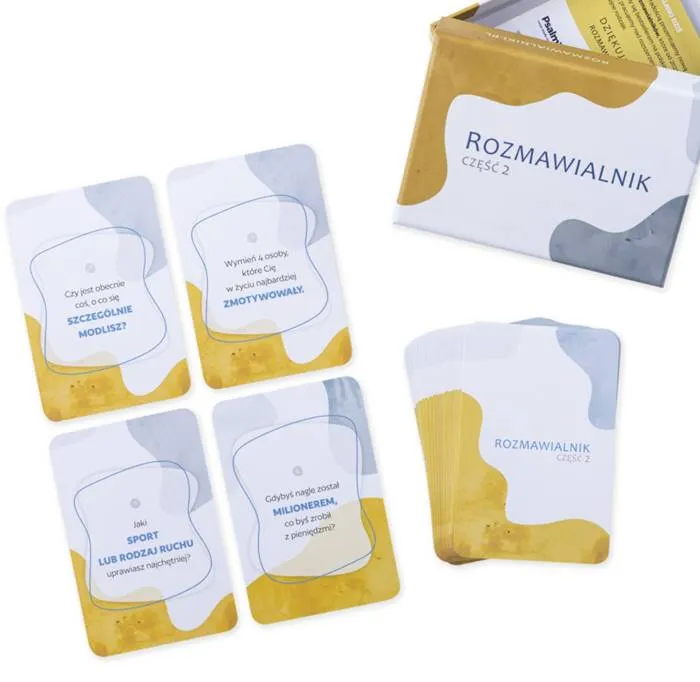 Rozmawialnik część 2 - eleganckie pudełko w złoto-szarej kolorystyce zawierające 40 inspirujących kart do rozmów, idealne narzędzie do budowania głębszych relacji | Psalm18.pl