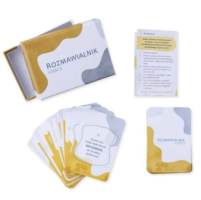 Rozmawialnik część 2 - eleganckie pudełko w złoto-szarej kolorystyce zawierające 40 inspirujących kart do rozmów, idealne narzędzie do budowania głębszych relacji | Psalm18.pl