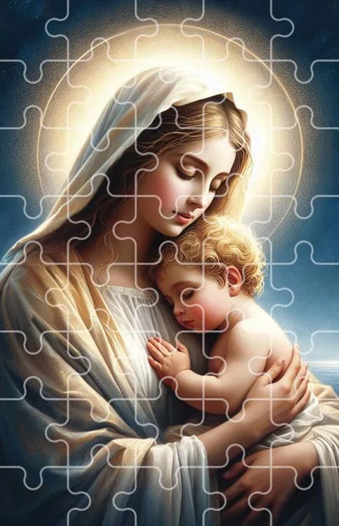 Puzzle religijne przedstawiające Maryję z Dzieciątkiem Jezus, 40 elementów, delikatne złociste tło, błękitny welon Maryi, format 13x20cm | sklep chrześcijański