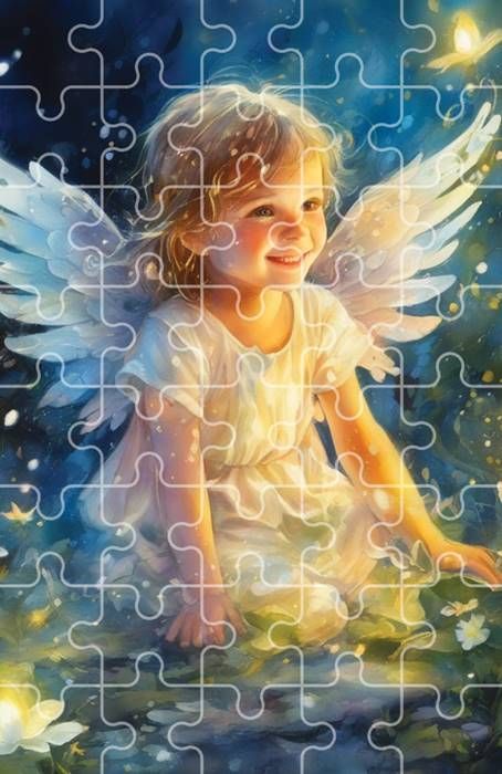 Puzzle religijne z uśmiechniętym Aniołem Stróżem, 40 elementów, złocista poświata, białe skrzydła, format 13x20cm | sklep