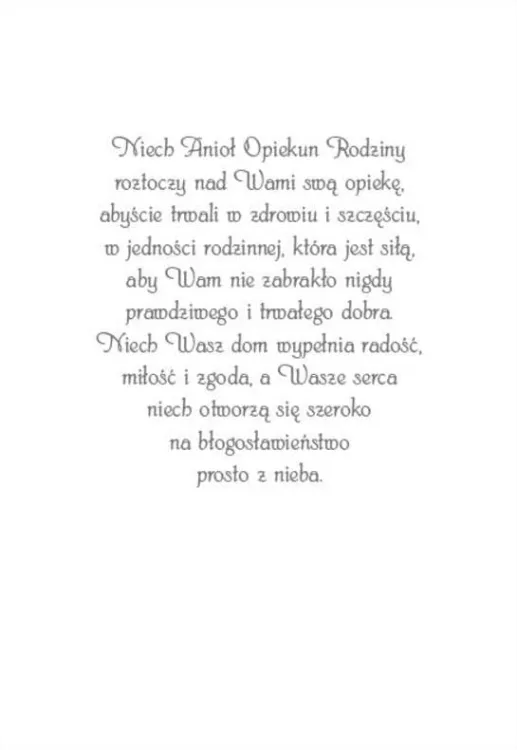 Anioł w błękitnej szacie ze złotą aureolą, delikatnie trzymający domek, otoczony pastelowymi kwiatami i złotymi ornamentami