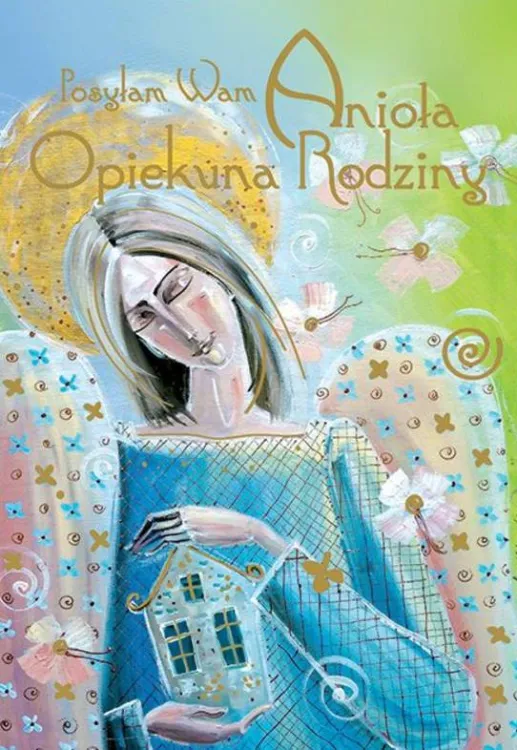 Anioł w błękitnej szacie ze złotą aureolą, delikatnie trzymający domek, otoczony pastelowymi kwiatami i złotymi ornamentami | Edycja świętego Pawła