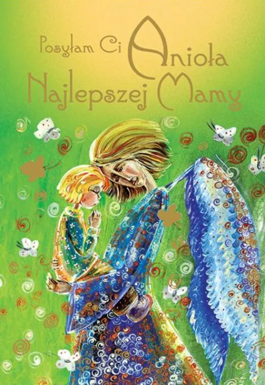 Artystyczny karnet z aniołem dla Mamy - kolorowa ilustracja anioła w błękitnej szacie na zielonym tle z motylami | Edycja Świętego Pawła