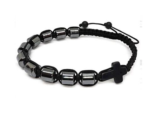 Męski różaniec bransoletka ze stalowego hematytu z czarnym krzyżem - duchowa broń na nadgarstek sklep chrześcijański największy wybór różańców na rękę
