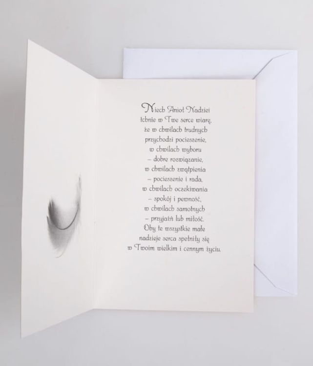 Wnętrze karnetu z Aniołem Nadziei - kaligraficzny tekst modlitwy na kremowym tle | Edycja Świętego Pawła