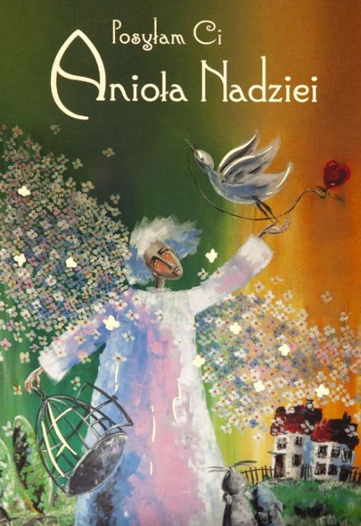 Karnet z Aniołem Nadziei - radosny anioł w białej szacie tańczący wśród kwiatów, autorstwa Mariny Czajkowskiej | Edycja Świętego Pawła