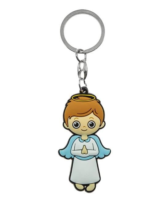 Brelok silikonowy anioł stróż chłopiec w białej szacie ze złotym nimbem | religijne upominki dla dzieci