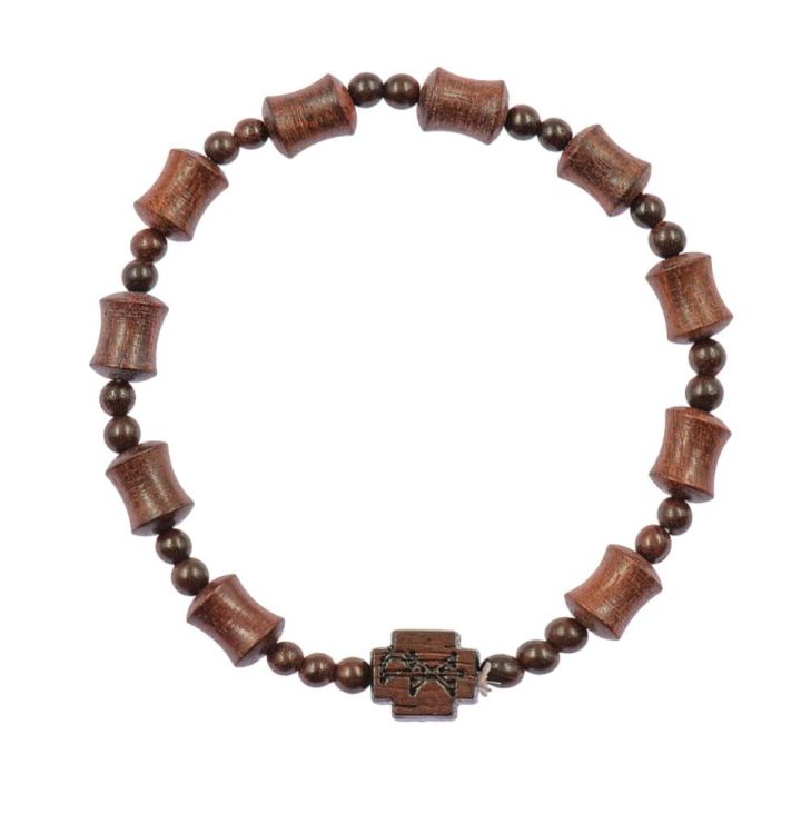 Bransoletka różańcowa z drewna mukula na elastycznym sznurku z krzyżykiem w eleganckim pudełku