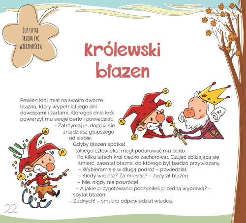 Ilustracja z książki „Śmierć opowiadana dzieciom” – król przekazuje berło błaznowi w opowieści o przygotowaniu się na śmierć | księgarnia salezjańska
