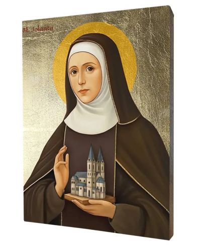 Ikona Świętej Jolanty – patronki miłosierdzia, model kościoła w dłoniach, złocenia szlagmetalem | upominki religijne - ikona na prezent