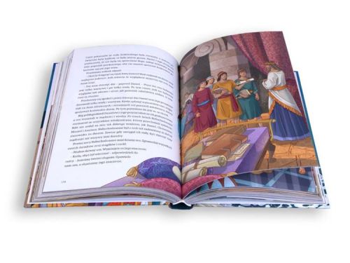 Biblia dla młodych - wydanie ilustrowane - rozłożona książka z tekstem biblijnym na jednej i ilustracjami na drugiej stronie