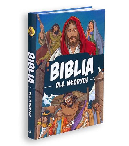 Ilustrowana Biblia dla młodych z kolorową okładką przedstawiającą Jezusa w czerwonym płaszczu oraz scenami biblijnymi | Edycja Świętego Pawła