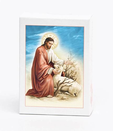 Puzzle dla dzieci - Jezus Dobry Pasterz z zagubioną owieczką, scena z przypowieści w ciepłych barwach, 40 elementów | puzzle chrześcijańskie dla dzieci