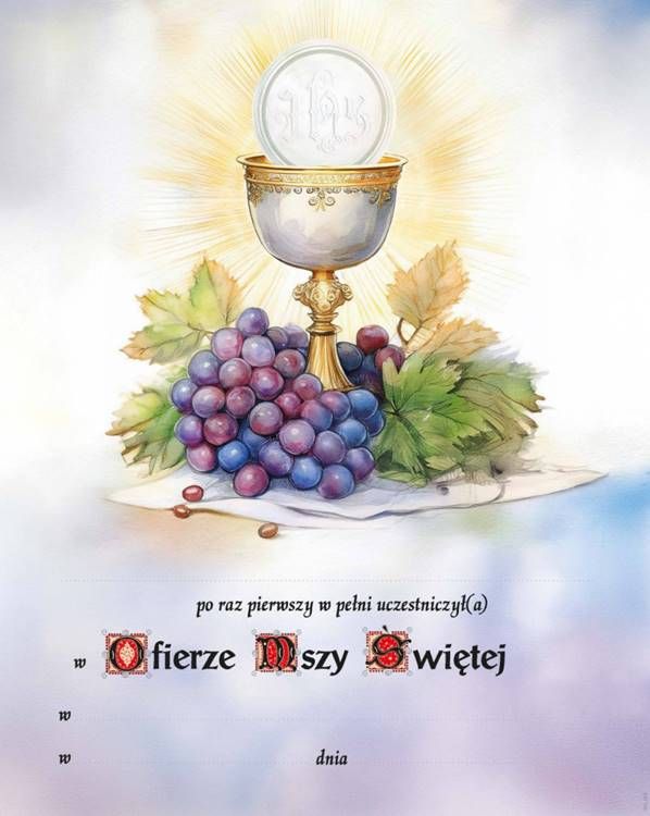 Pamiątka Pierwszej Komunii Świętej z kielichem i winogronami - obrazek do oprawienia dla dzieci komunijnych | sklep liturgiczny z dewocjonaliami
