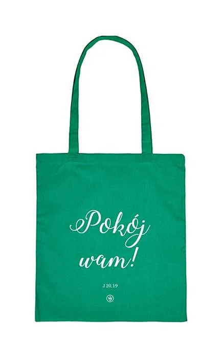 Zielona torba bawełniana z nadrukiem „Pokój wam!” (J 20,19) – wytrzymała, stylowa i praktyczna, idealna na zakupy i codzienne użytkowanie
