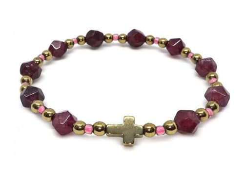 Bransoletka różaniec z granatami i złotym hematytem na elastycznej gumce - księgarnia chrześcijańska