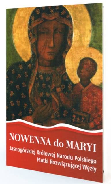 Okładka nowenny do Matki Bożej Rozwiązującej Węzły Narodu Polskiego - wizerunek Czarnej Madonny z Dzieciątkiem na czerwonym tle, modlitewnik o duchowej odnowie Polski