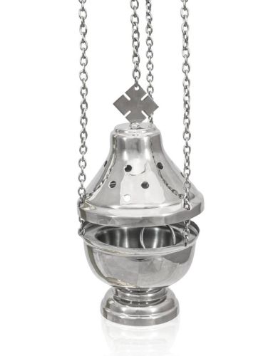 Trybularz liturgiczny mosiężny niklowany 16 cm z krzyżem maltańskim i łańcuchem 65 cm - kadzielnica kościelna