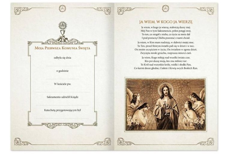Strona personalizacyjna albumu komunijnego z miejscem na dane dziecka i modlitwą "Ja wiem, w Kogo ja wierzę" oraz ilustracją Jezusa udzielającego Komunii Świętej