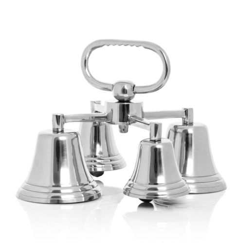 Niklowane dzwonki ołtarzowe czterogłosowe z metalowym uchwytem, instrument liturgiczny o wysokiej jakości wykonania | sklep liturgiczny