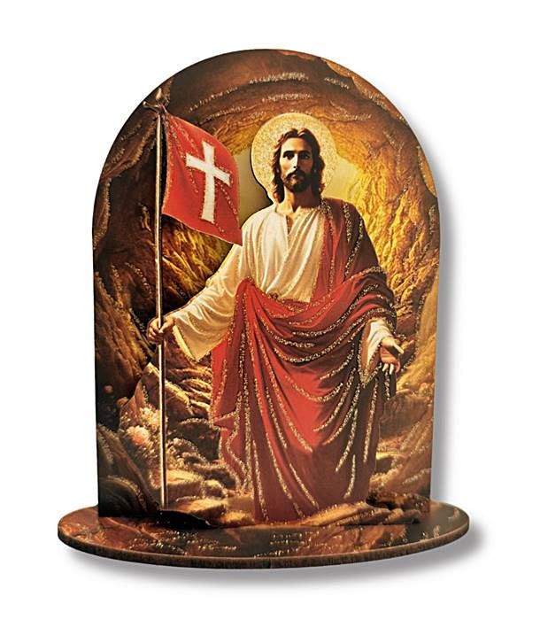 Figurka Zmartwychwstałego Chrystusa w grocie 14x13 cm z chorągwią zmartwychwstania wykonana z tworzywa drewnopodobnego - nagroda dla dzieci za udział w Drodze Krzyzowej