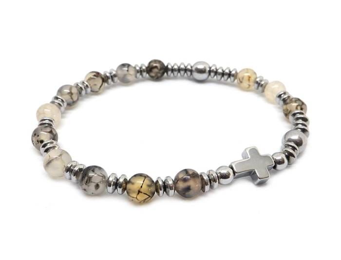 Minimalistyczna bransoletka różańcowa z agatów i hematytów na elastycznej gumce, dziesiątka różańcowa w nowoczesnym wydaniu
