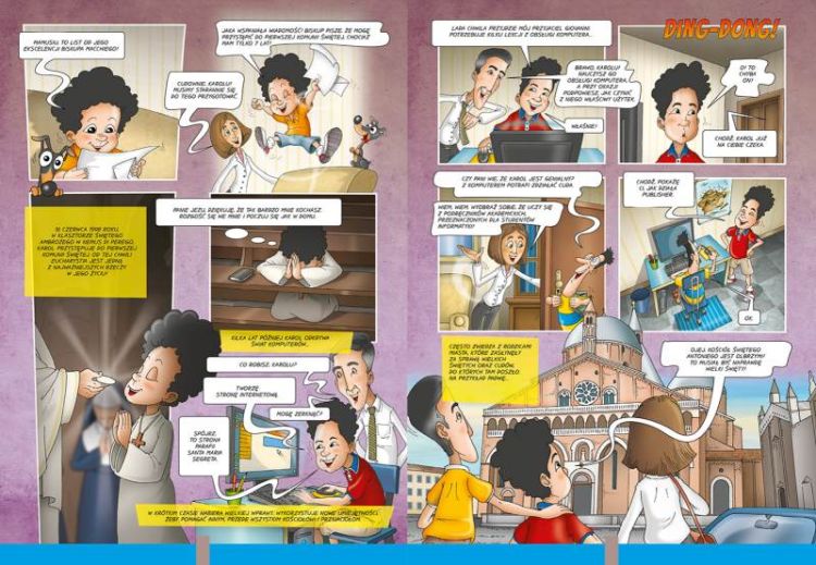 Strona z komiksu o bł. Karolu Acutisie - książka religijna dla dzieci pokazująca młodego świętego przy komputerze tworzącego stronę o cudach eucharystycznych - inspirująca historia dla młodych katolików