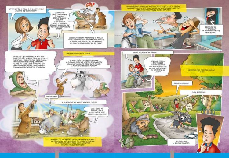 Fragment książki religijnej dla dzieci 'Historie świętych w komiksie' przedstawiający historię św. Antoniego i cud z mułem adorującym Eucharystię - fascynująca opowieść o cudach eucharystycznych
