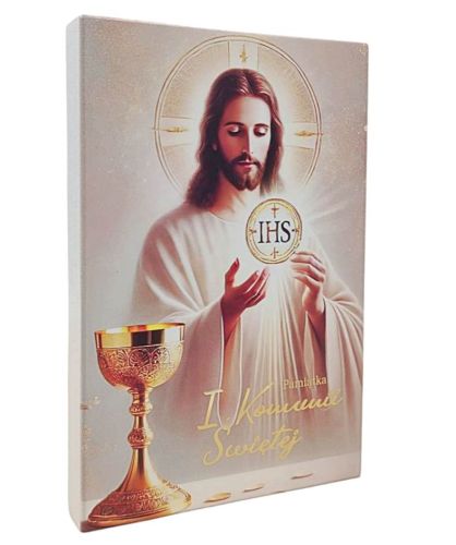 Pamiątka I Komunii Świętej - obraz Jezusa jako pamiątka dla chłopca i dziewczynki z symbolem IHS i kielichem | Dewocjonalia sklep