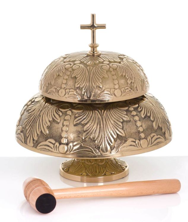 Gong dwutonowy mosiężny zdobiony z drewnianym młotkiem do zastosowań liturgicznych | wyposażenie kościoła sklep