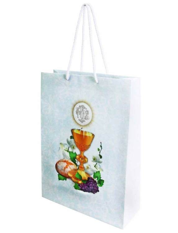 Pojemna biała torebka ozdobna na prezent komunijny z motywem Pierwszej Komunii Świętej | upominki i prezenty na I komunię