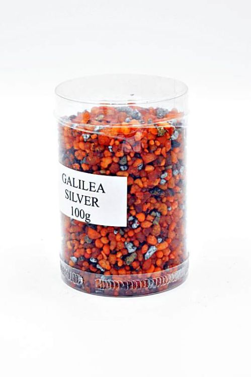 Przezroczyste opakowanie kadzidła "GALILEA SILVER" 100g ukazujące czerwone ziarenka kadzidła żywicznego z dodatkiem srebrnych elementów | kadzidło kościelne sklep