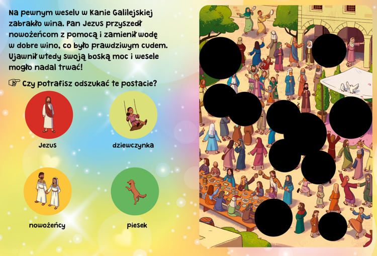 Ilustracja przedstawiająca wesele w Kanie Galilejskiej, gdzie Jezus zamienia wodę w wino, wraz z zadaniem polegającym na odnalezieniu postaci na zdrapywanej ilustracji