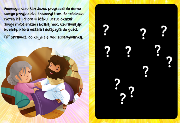 Ilustracja sceny uzdrowienia teściowej Piotra przez Jezusa, z zadaniem odkrycia ukrytego obrazu pod zdrapywanką | religijne książeczka dla dzieci