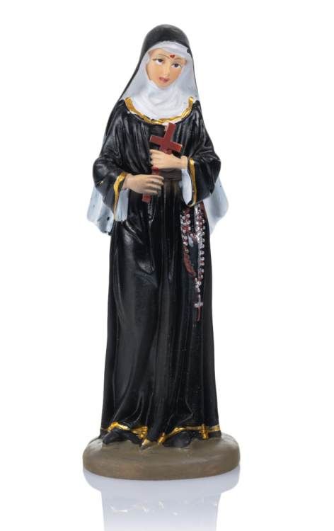 Figurka Św. Rity z Cascia - patronki spraw beznadziejnych, w czarnym habicie augustianki z różańcem i krzyżem, wysokość 10,5 cm