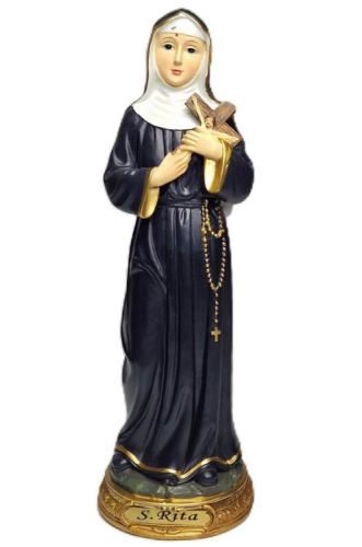 Elegancka figurka św. Rity z Cascia 19,5 cm z masy żywicznej, w czarnym habicie ze złotymi wykończeniami, trzymająca krzyż - patronka skutecznej modlitwy w sprawach niemożliwych | sklep z figurami religijnymi