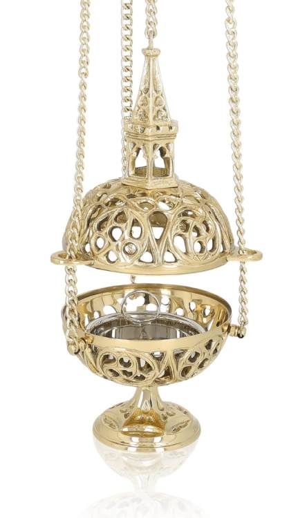 Otwarty trybularz mosiężny z ażurową kopułą i łańcuchem do użytku liturgicznego | sklep liturgiczny