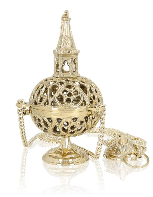 Trybularz mosiężny z ażurową kopułą i łańcuchem do użytku liturgicznego | sklep liturgiczny