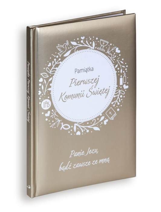 Elegancki album Pierwszej Komunii Świętej w złocistej oprawie z napisem "Panie Jezu, bądź zawsze ze mną" i delikatnym ornamentem eucharystycznym