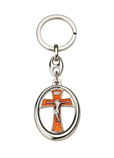 Brelok religijny z metalu niklowanego, emaliowany na pomarańczowo, włoska jakość