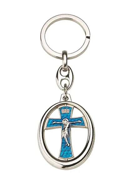 Brelok religijny z metalu niklowanego, emaliowany na niebiesko, włoski produkt