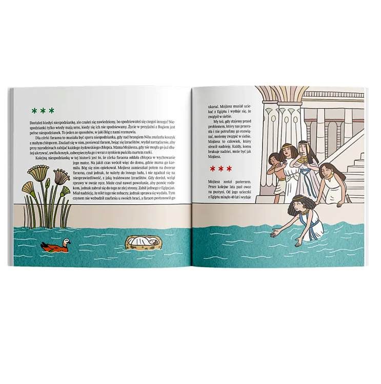 Ilustrowana opowieść o Mojżeszu z książki dla dzieci "Bóg nie jest korkiem do wanny" z serii Biblioteka Małygość - historia biblijna w przystępnej formie