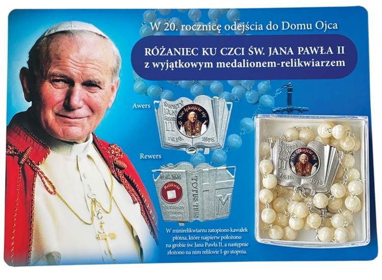 Jubileuszowy różaniec św. Jana Pawła II od San Gabriele z medalionem-relikwiarzem wydany w 20. rocznicę odejścia do Domu Ojca
