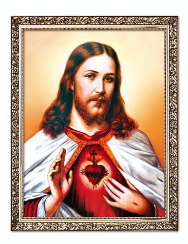 Obraz Najświętszego Serca Jezusa 20×25 cm w złotej ramie z ornamentem o średnicy 4 cm – klasyczny wizerunek gotowy do zawieszenia