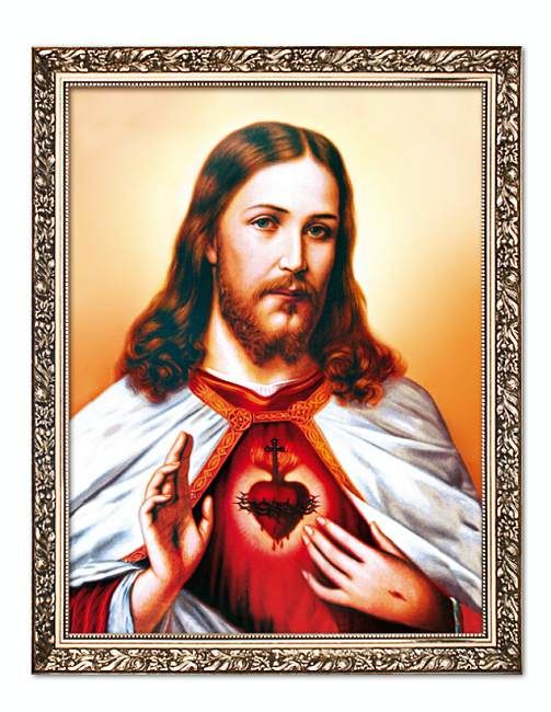 Obraz Najświętszego Serca Jezusa 20×25 cm w złotej ramie z ornamentem o średnicy 4 cm – klasyczny wizerunek gotowy do zawieszenia