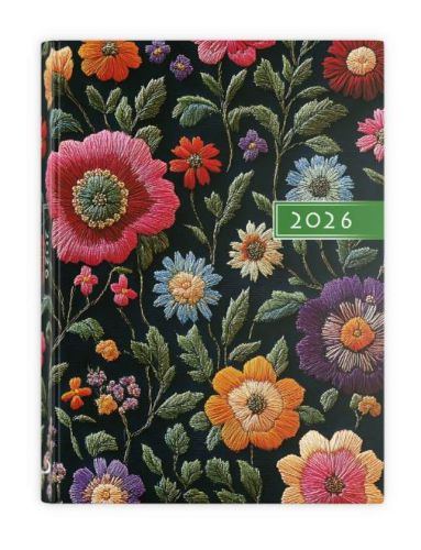 Terminarz A5 KOLOROWY 2026 z kwiatowym haftem na okładce, od Edycji Świętego Pawła, z przejrzystym układem stron i złotą tasiemką