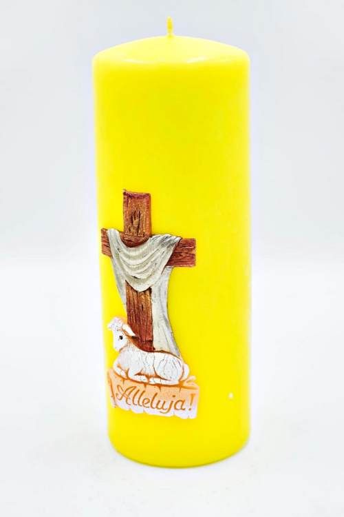 świeca wielkanocna z barankiem, żółta świeca alleluja, paschalna świeca do domu, świeca z symbolem zmartwychwstania