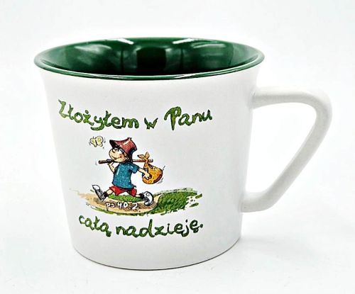 Ceramiczny kubek z napisem Złożyłem w Panu całą nadzieję i wesołą ilustracją pielgrzyma | Dewocjonalia - gadżety i upominki religijne
